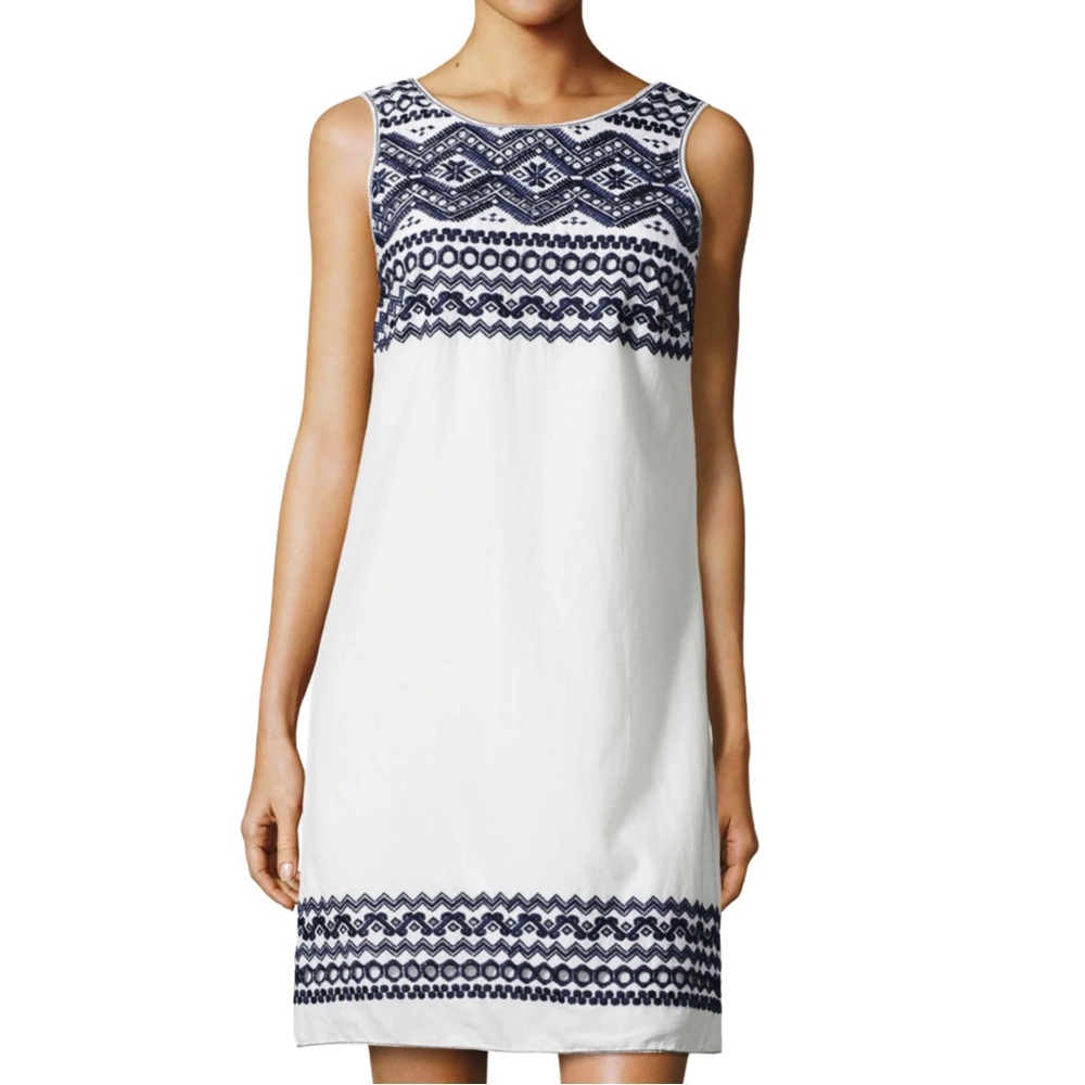 Max Mara Studio White Navy Blue Embroidered Sleeveless Cotton Shift Dress Sz XS
